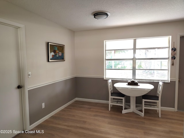 unfurnished dining area featuring baseboards, a textured ceiling, and wood finished floors