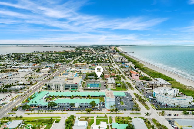 aerial view featuring a beach view and a water view