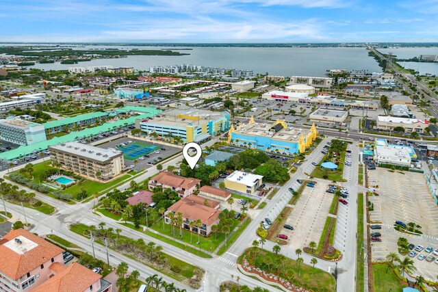 bird's eye view with a water view
