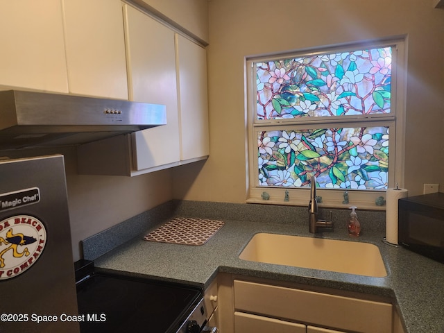 5600 N Banana River Blvd Unit 26, Cocoa Beach, FL 32931 - kitchen featuring a sink, under cabinet range hood, white cabinets, dark countertops, and black microwave