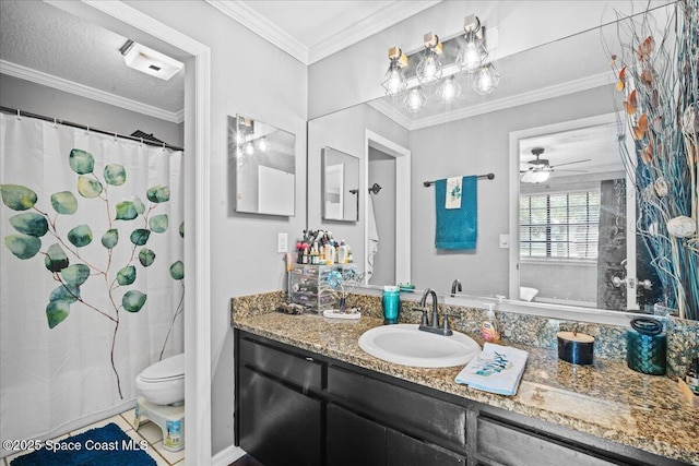 512 Palmetto Dr, Melbourne, FL 32935 - full bath featuring vanity, toilet, tile patterned floors, a ceiling fan, and a shower with curtain