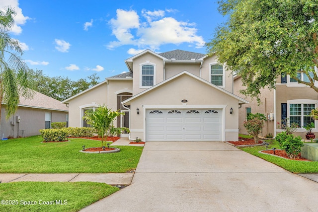1050 Olde Bailey Ln, Melbourne, FL 32904 - traditional-style house featuring stucco siding, driveway, a front yard, and a garage