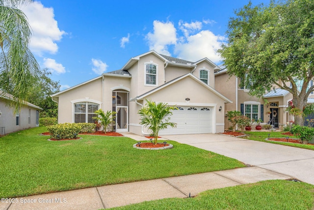 1050 Olde Bailey Ln, Melbourne, FL 32904 - view of front of home featuring driveway, stucco siding, a front lawn, and an attached garage
