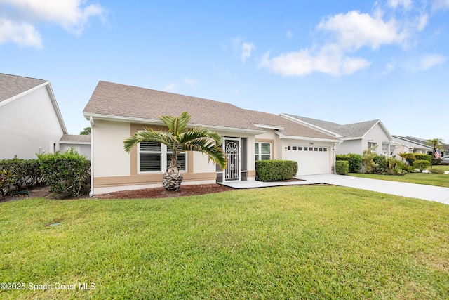 ranch-style house with a garage, stucco siding, a front yard, and concrete driveway