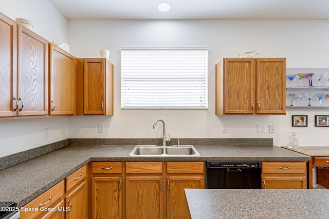 kitchen featuring dark countertops, black dishwasher, electric stove, and a sink