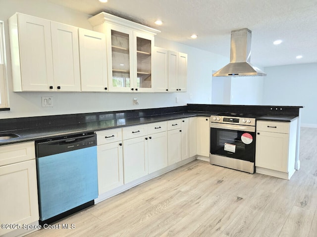 kitchen with a peninsula, dishwashing machine, light wood-type flooring, island exhaust hood, and electric stove