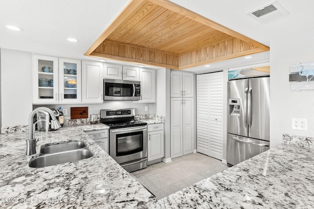 2207 Atlantic St Unit 825, Melbourne Beach, FL 32951 - kitchen with a sink, stainless steel appliances, white cabinetry, visible vents, and light stone counters