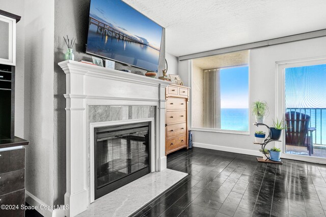 2207 Atlantic St Unit 825, Melbourne Beach, FL 32951 - living area with a high end fireplace, plenty of natural light, baseboards, and dark wood-style floors