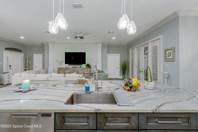 kitchen featuring open floor plan, visible vents, and dishwasher