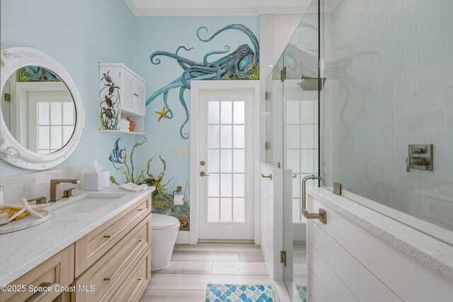 full bath featuring vanity, toilet, a shower stall, and a healthy amount of sunlight
