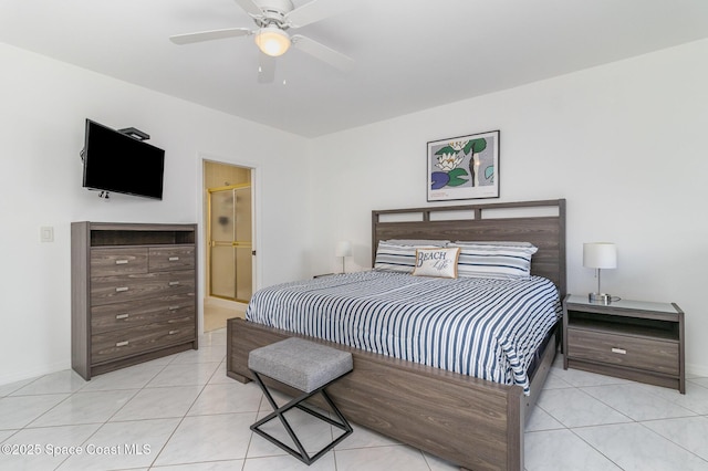 bedroom with tile patterned floors, baseboards, and a ceiling fan
