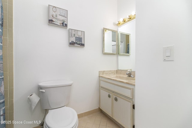 full bath with toilet, tile patterned floors, vanity, and a shower with shower curtain