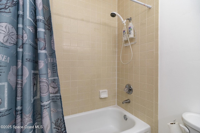 bathroom featuring toilet and shower / bathtub combination with curtain