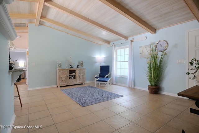 sitting room with tile patterned flooring and wooden ceiling