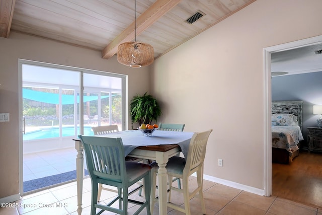 dining space featuring light tile patterned floors, beam ceiling, wood ceiling, and baseboards