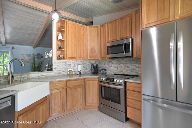 kitchen with stainless steel appliances, a sink, open shelves, tasteful backsplash, and beamed ceiling