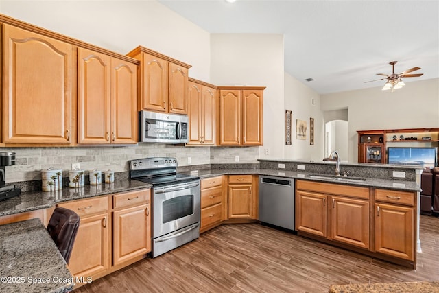 5770 Mascaro Ct, Melbourne, FL 32940 - kitchen featuring appliances with stainless steel finishes, a sink, arched walkways, a peninsula, and a ceiling fan