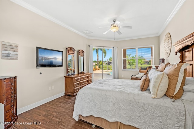 5770 Mascaro Ct, Melbourne, FL 32940 - bedroom featuring access to exterior, baseboards, dark wood-style floors, crown molding, and ceiling fan