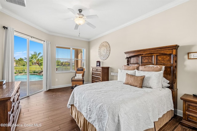 5770 Mascaro Ct, Melbourne, FL 32940 - bedroom with access to outside, dark wood finished floors, crown molding, baseboards, and ceiling fan