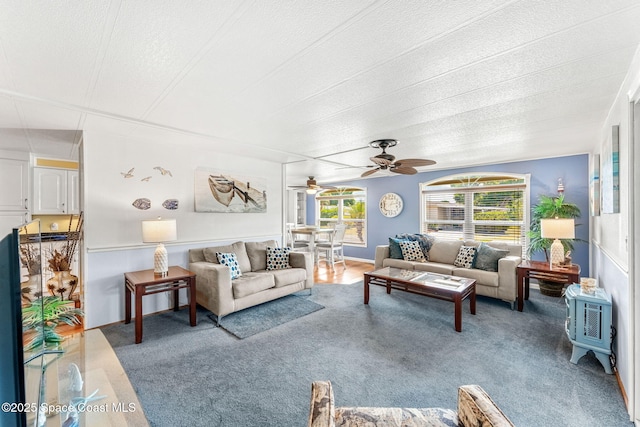 carpeted living room with a ceiling fan and a textured ceiling