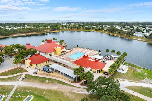 drone / aerial view featuring a water view