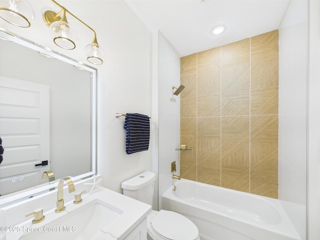 bathroom with shower / bath combination, vanity, toilet, and recessed lighting