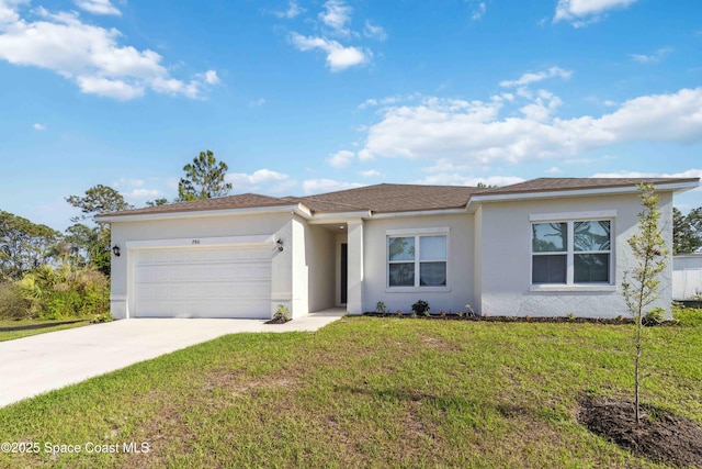 780 Geddes St SW, Palm Bay, FL 32908 - ranch-style home with an attached garage, stucco siding, concrete driveway, and a front lawn