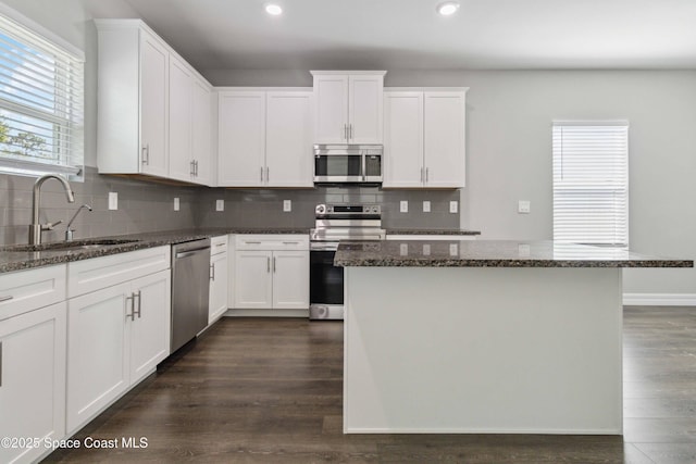 780 Geddes St SW, Palm Bay, FL 32908 - kitchen featuring stainless steel appliances, a sink, recessed lighting, tasteful backsplash, and a center island