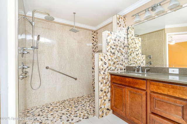 766 Preakness Dr, Melbourne, FL 32904 - full bathroom with vanity, visible vents, tile patterned floors, a walk in shower, and crown molding