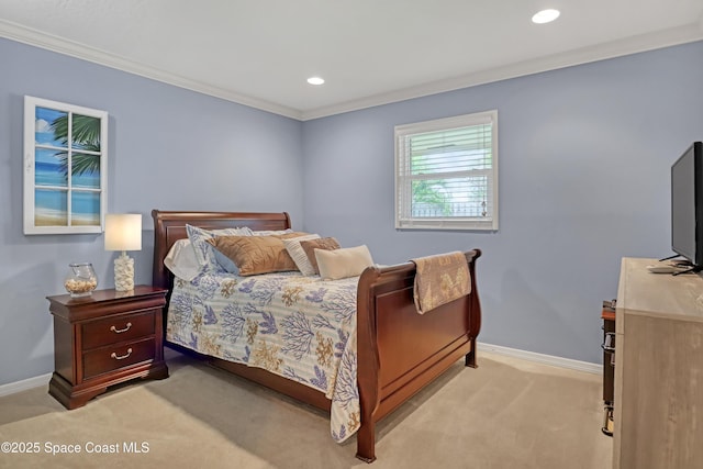 bedroom featuring light colored carpet, crown molding, baseboards, and recessed lighting
