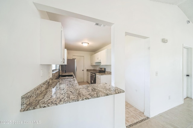 1680 Travis St SE, Palm Bay, FL 32909 - kitchen featuring electric stove, a sink, white cabinets, light stone countertops, and a peninsula