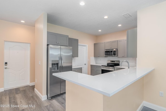 kitchen with light wood finished floors, stainless steel appliances, a peninsula, and gray cabinets