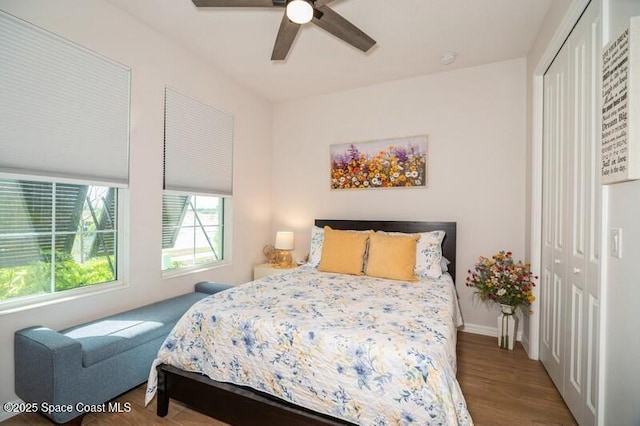 2979 Pangea Cir, Melbourne, FL 32940 - bedroom with a closet, wood finished floors, ceiling fan, and baseboards