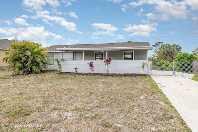 single story home featuring a gate, a shingled roof, concrete driveway, and covered porch