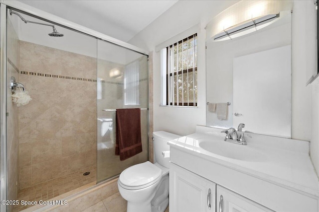 bathroom with vanity, toilet, and a shower stall