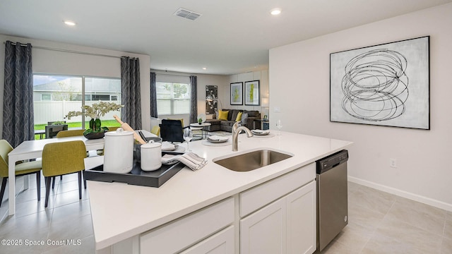kitchen featuring a sink, open floor plan, white cabinetry, stainless steel dishwasher, and visible vents