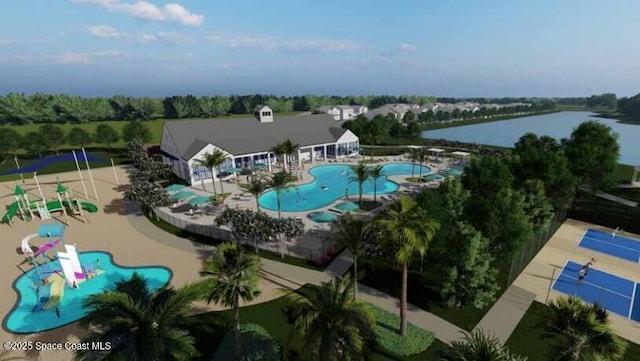 birds eye view of property featuring a water view