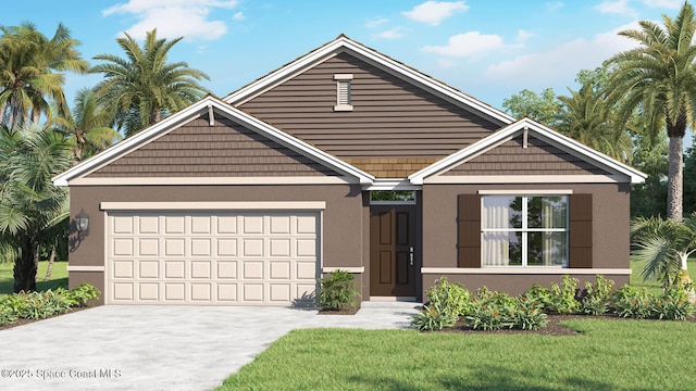 view of front of property with stucco siding, a garage, a front lawn, and driveway