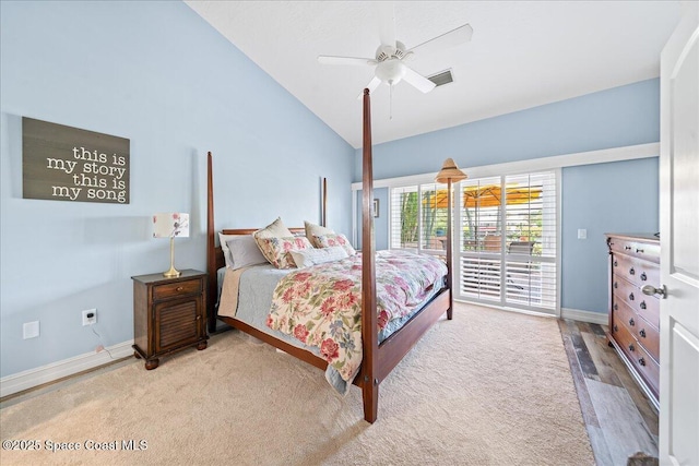 505 Tradewinds Dr, Indian Harbour Beach, FL 32937 - carpeted bedroom featuring access to outside, a ceiling fan, visible vents, baseboards, and vaulted ceiling