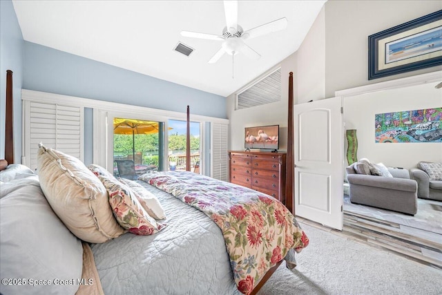 505 Tradewinds Dr, Indian Harbour Beach, FL 32937 - bedroom with a ceiling fan, wood finished floors, visible vents, and high vaulted ceiling
