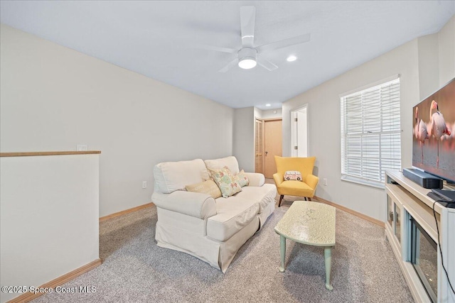 505 Tradewinds Dr, Indian Harbour Beach, FL 32937 - carpeted living area featuring ceiling fan, baseboards, and recessed lighting
