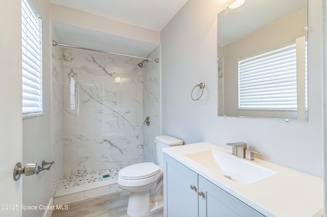 bathroom featuring toilet, a marble finish shower, vanity, and healthy amount of natural light