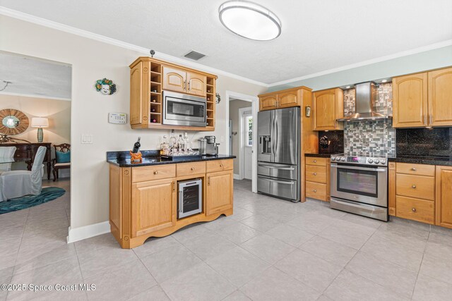 190 Harwood Ave, Satellite Beach, FL 32937 - kitchen with stainless steel appliances, wall chimney range hood, open shelves, ornamental molding, and dark countertops