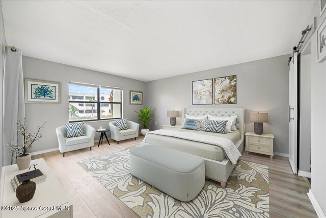 1950 Atlantic St Unit 223, Melbourne Beach, FL 32951 - bedroom with a barn door, light wood-style flooring, and baseboards
