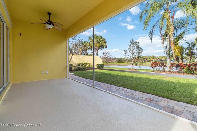3547 Plume Way, Palm Bay, FL 32909 - unfurnished sunroom featuring a water view and a ceiling fan
