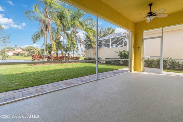 3547 Plume Way, Palm Bay, FL 32909 - unfurnished sunroom featuring a water view and ceiling fan