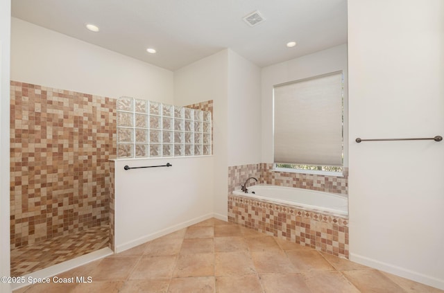 full bathroom featuring a bath, a walk in shower, recessed lighting, and baseboards