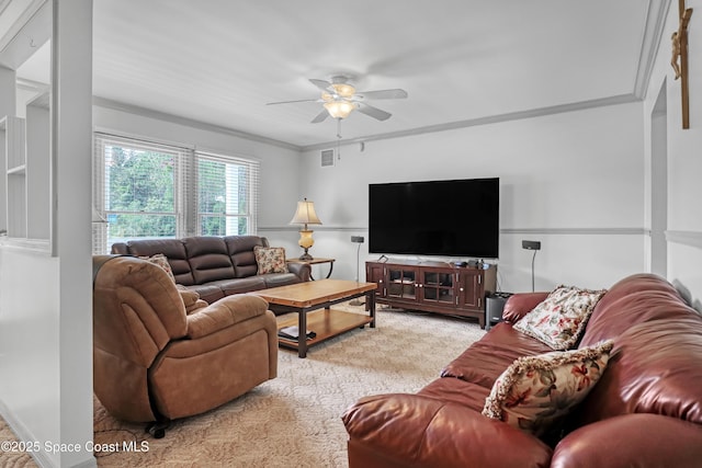 5280 Curtis Blvd, Cocoa, FL 32927 - living room with a ceiling fan, ornamental molding, and carpet floors