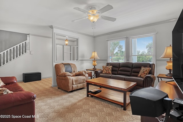 5280 Curtis Blvd, Cocoa, FL 32927 - living room with stairs, ceiling fan, and light colored carpet