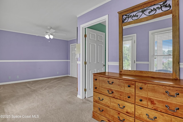 5280 Curtis Blvd, Cocoa, FL 32927 - bedroom featuring light colored carpet, ornamental molding, baseboards, and ceiling fan